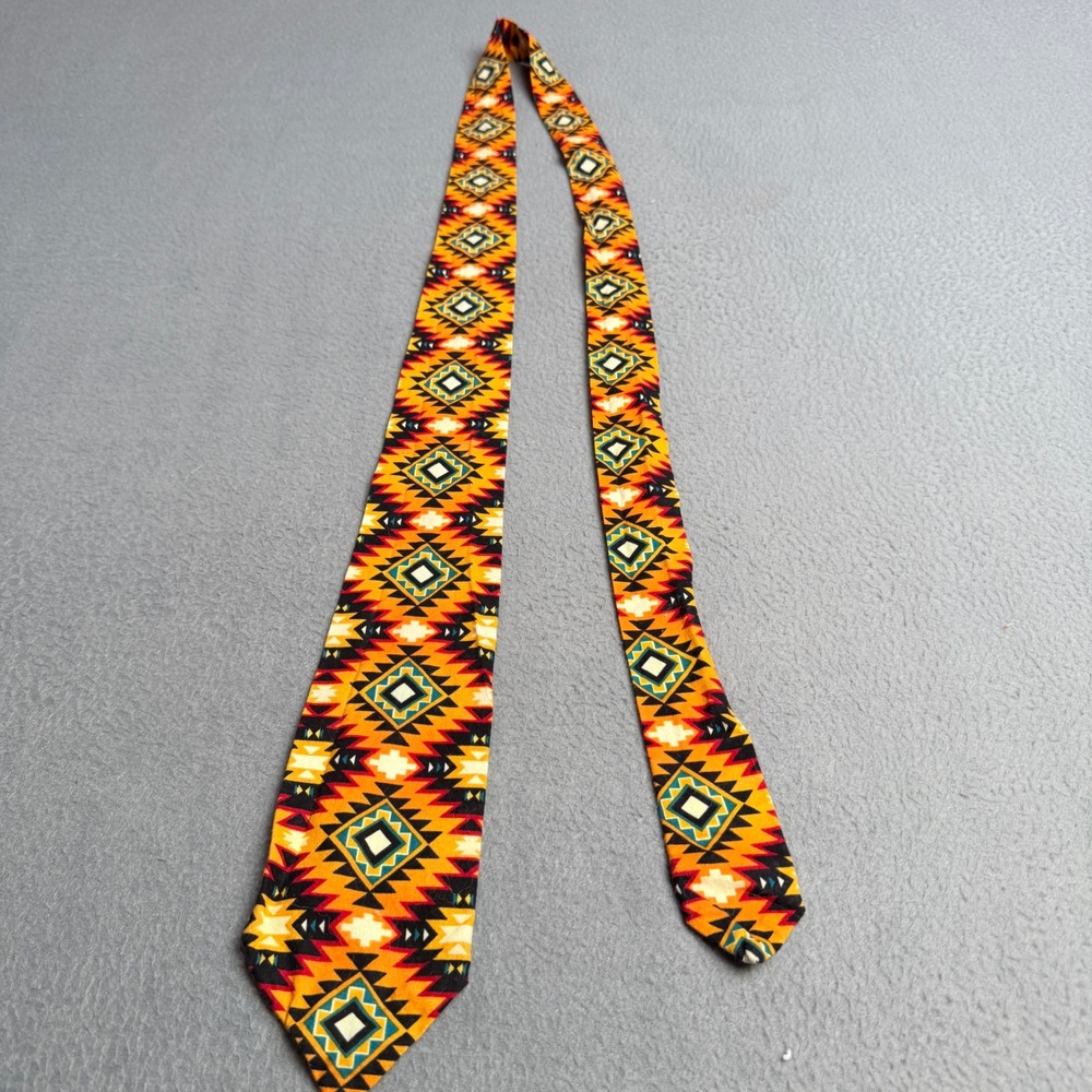 Southwestern Geometric Print Necktie Orange Red Black Diamond Pattern Mens Tie